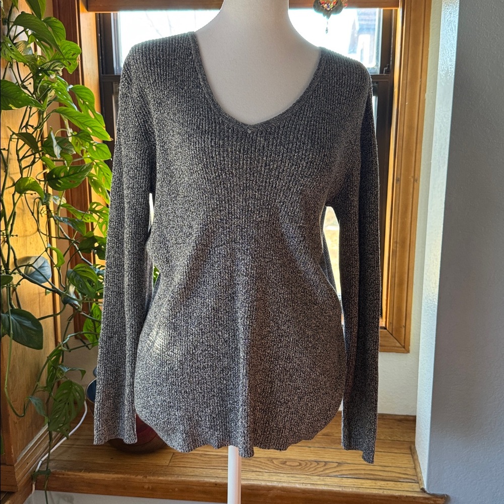 90’s VTG Karen Scott Gray Marled Ribbed V-Neck Sweater 100% Cotton